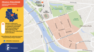 Mapa przedstawia planowane utrudnienia w ruchu wokół Stadionu Narodowego i na Saskiej Kępie w związku z zaplanowanymi koncertami na PGE Narodowym w Warszawie w dniach 19-20 września br.