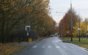 Zdjęcie pokazuje drogę i poruszające się na niej pojazdy podczas jesiennej pogody