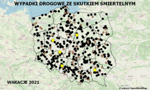 Zdjęcie przedstawia Policyjną mapę Polski z naniesionymi miejscami powstawania wypadków drogowych ze skutkiem śmiertelnym