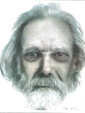 Zdjęcie przedstawia szary szkic z wizerunkiem mężczyzny patrzącego na wprost. Mężczyzna ten ma białą brodę i wąsy oraz dłuższe włosy.