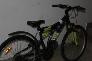 Zdjęcie przedstawia rower w kolorze czarno-zielonym oparty o ścianę.